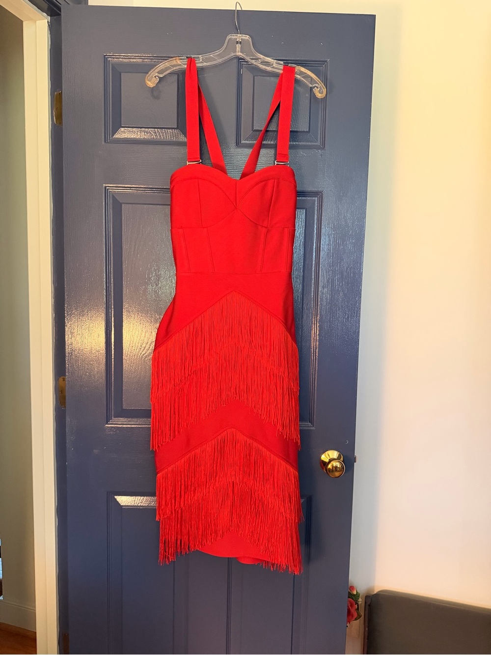 Elle Rebel Hollywoodland Red Fringe Bodycon Dress with Adjustable Straps, size L
